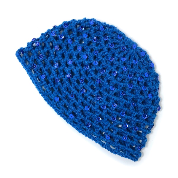 Hand-Crocheted Skull Cap Hat | Sequin Sparkle | Party Hat | ELECTRIC BLUE