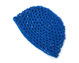 Hand-Crocheted Skull Cap Hat | Sequin Sparkle | Party Hat | ELECTRIC BLUE