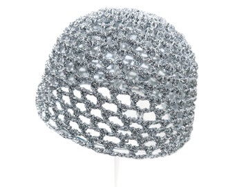 Hand-Crocheted Skull Cap Hat | Silver Metallic |