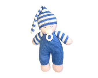 Hand Knitted Sleeping Baby w/ Dummy | Blue |