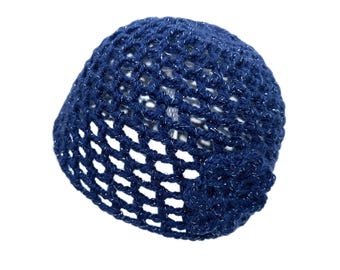 Hand-Crocheted Skull Cap Hat with Retro Flower | MIDNIGHT BLUE SPARKLE |