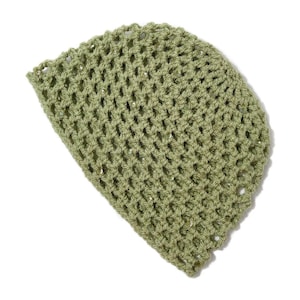 May include: A green crocheted hat with a mesh design.