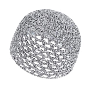 May include: A silver crocheted hat with a rounded crown. The hat is made of a metallic yarn, creating a shimmering effect. The open weave design allows for breathability. This hat is a stylish accessory.