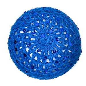 Hand-Crocheted Skull Cap Hat Sequin Sparkle Party Hat ELECTRIC BLUE image 3