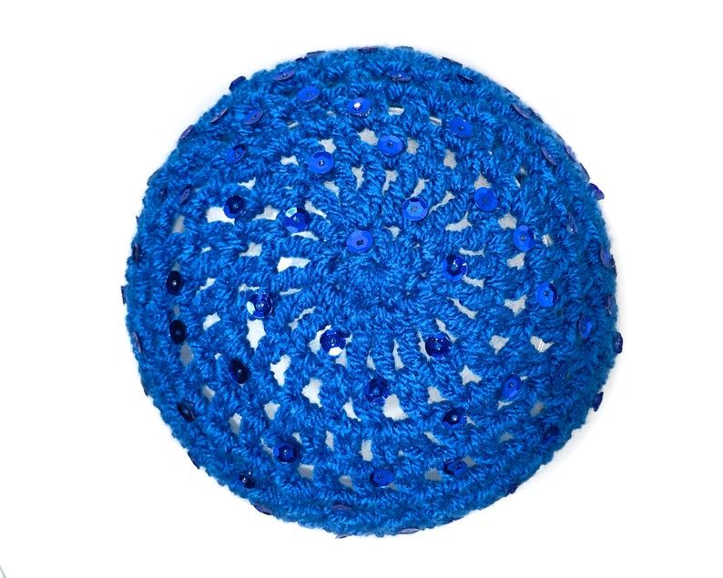 Hand-Crocheted Skull Cap Hat Sequin Sparkle Party Hat ELECTRIC BLUE image 3