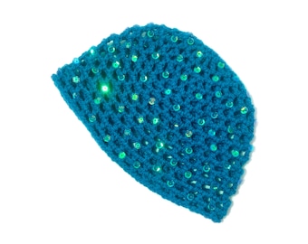 Hand-Crocheted Skull Cap Hat | Sequin Sparkle | Party Hat | EMPIRE BLUE