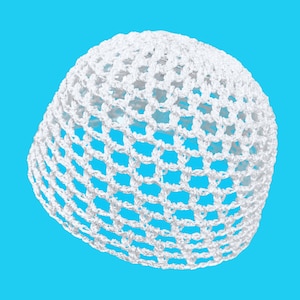 May include: White crocheted hat with a dome shape and a fine mesh pattern.
