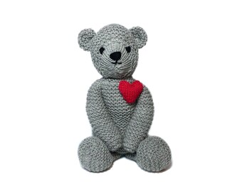 Hand Knitted Teddy Bear w/ Love Heart | Grey | Valentine's Gift