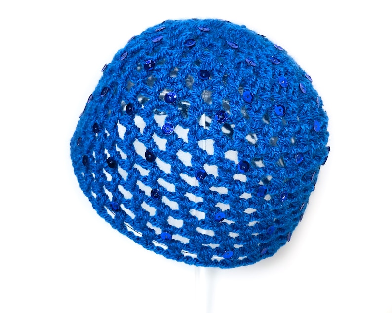 Hand-Crocheted Skull Cap Hat Sequin Sparkle Party Hat ELECTRIC BLUE image 2
