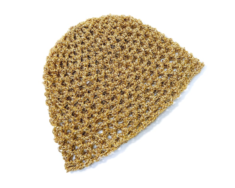 Hand-Crocheted Skull Cap Party Hat Gold Metallic zdjęcie 10