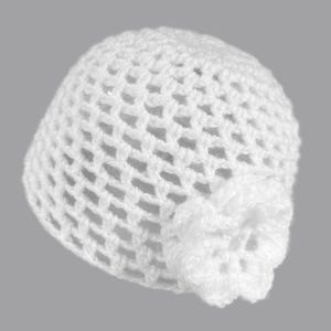 May include: A white crochet hat with a floral accent. The hat is made of a loosely woven, open stitch pattern. The floral accent is a crocheted flower attached to the side of the hat. The hat is likely for a baby or child.