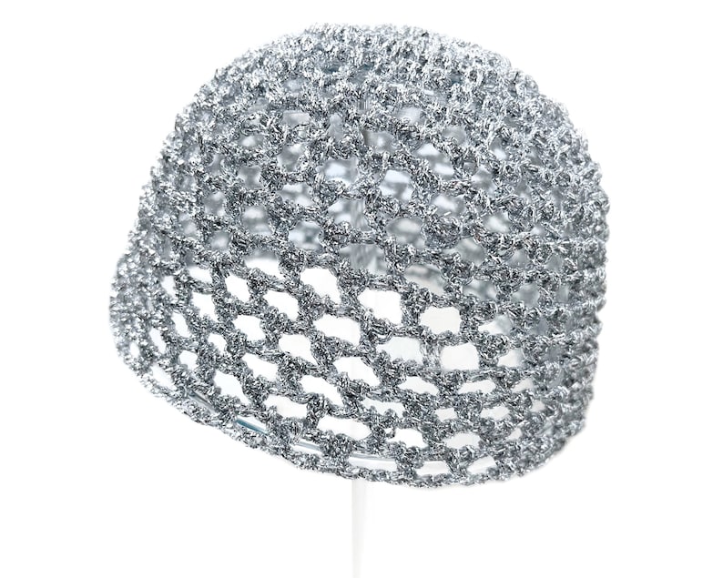 Hand-Crocheted Skull Cap Hat Silver Metallic image 1