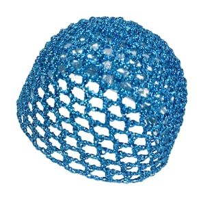 May include: A close-up of a blue, open-weave, crocheted hat. The hat is a vibrant shade of blue with a glittery texture. The open weave design creates a net-like appearance. The hat is set against a white background.