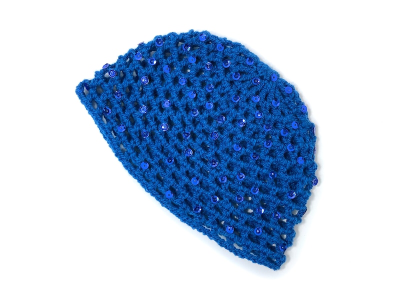 Hand-Crocheted Skull Cap Hat Sequin Sparkle Party Hat ELECTRIC BLUE image 1