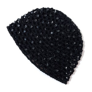 Hand-Crocheted Skull Cap Hat | Sequin Sparkle | Party Hat | JET BLACK