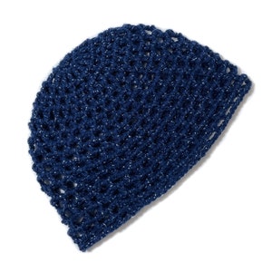 Hand-Crocheted Skull Cap Hat with Retro Flower Midnight Blue Sparkle image 9