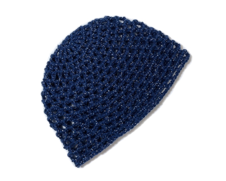 Hand-Crocheted Skull Cap Hat with Retro Flower Midnight Blue Sparkle image 9