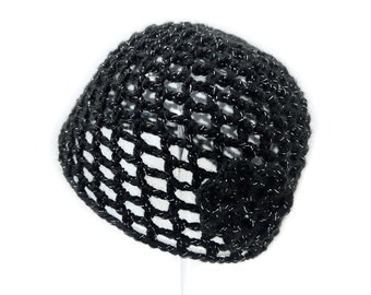 Hand-Crocheted Skull Cap Hat with Retro Flower | Jet Black Sparkle |