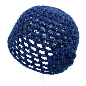 Hand-Crocheted Skull Cap Hat with Retro Flower Midnight Blue Sparkle image 1