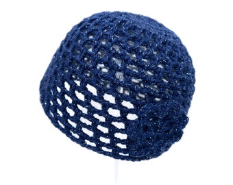 Hand-Crocheted Skull Cap Hat with Retro Flower | Midnight Blue Sparkle |