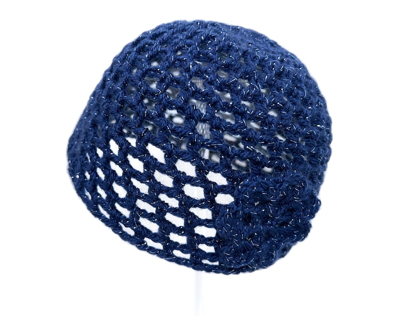 Hand-Crocheted Skull Cap Hat with Retro Flower Midnight Blue Sparkle image 1