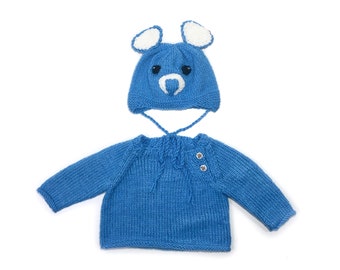 Hand-Knitted Baby Jacket & Teddy Bear Hat Set | Blue/White | 0-3 Months