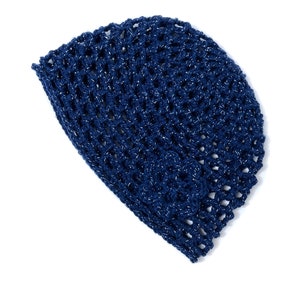 Hand-Crocheted Skull Cap Hat with Retro Flower Midnight Blue Sparkle image 6