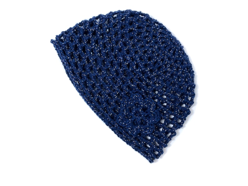 Hand-Crocheted Skull Cap Hat with Retro Flower Midnight Blue Sparkle image 6