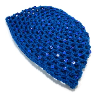 Hand-Crocheted Skull Cap Hat Sequin Sparkle Party Hat ELECTRIC BLUE image 4