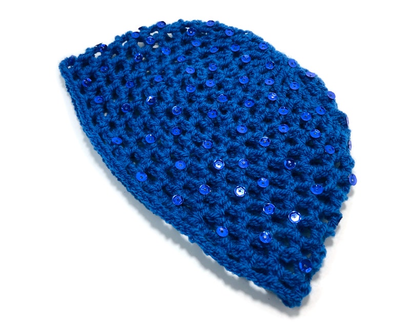 Hand-Crocheted Skull Cap Hat Sequin Sparkle Party Hat ELECTRIC BLUE image 4