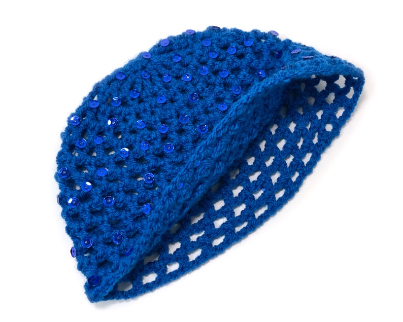 Hand-Crocheted Skull Cap Hat Sequin Sparkle Party Hat ELECTRIC BLUE image 7