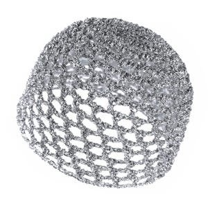 May include: A silver crochet hair net with a delicate, open-weave design.