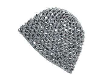 Hand-Crocheted Skull Cap Hat | Sequin Sparkle | Party Hat | SILVER