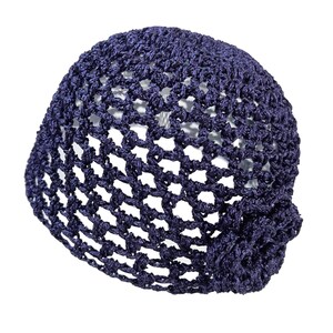 May include: A navy blue crocheted hat with a floral accent. The hat features an open, net-like weave and a small, decorative flower on the side. The hat is a stylish accessory.