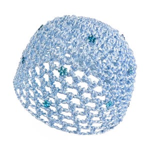 100% Viscose Hand-Crocheted Skull Cap Hat w/ Blue CrystalFlowers | BLUEBELL SATIN