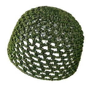 100% Viscose Hand-Crocheted Skull Cap Hat | DARK OLIVE SATIN