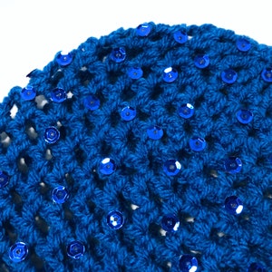 Hand-Crocheted Skull Cap Hat Sequin Sparkle Party Hat ELECTRIC BLUE image 6