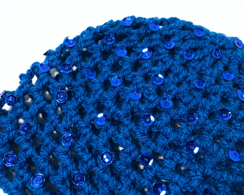 Hand-Crocheted Skull Cap Hat Sequin Sparkle Party Hat ELECTRIC BLUE image 6