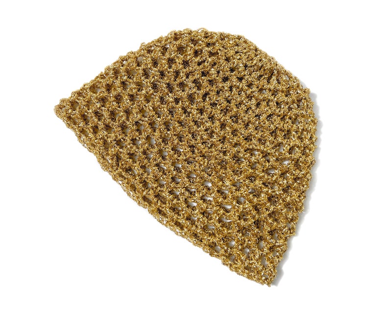 Hand-Crocheted Skull Cap Party Hat Gold Metallic zdjęcie 5