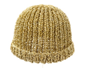 Hand-Knitted 70s Style Retro Ribbed Hat | Vintage Gold Metallic |