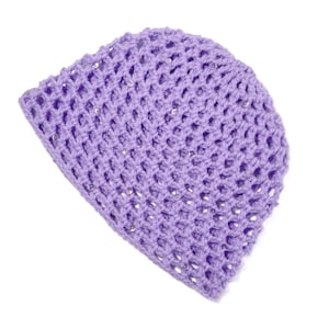 May include: A lavender crochet beanie with a mesh design and small, clear embellishments.