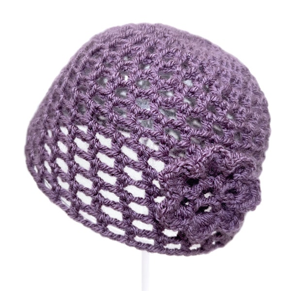 Hand-Crocheted Skull Cap Hat w/ Retro Flower | Grape Purple |