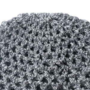 Hand-Crocheted Skull Cap Hat Silver Metallic image 7