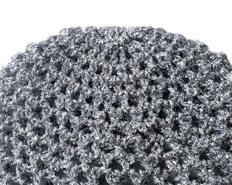 Hand-Crocheted Skull Cap Hat Silver Metallic image 7