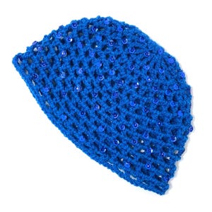 Handgehaakte muts met doodshoofd | Glitter pailletten | Feestmuts | ELEKTRISCH BLAUW