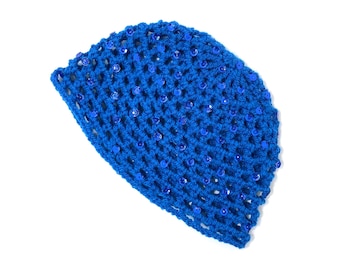 Hand-Crocheted Skull Cap Hat | Sequin Sparkle | Party Hat | ELECTRIC BLUE