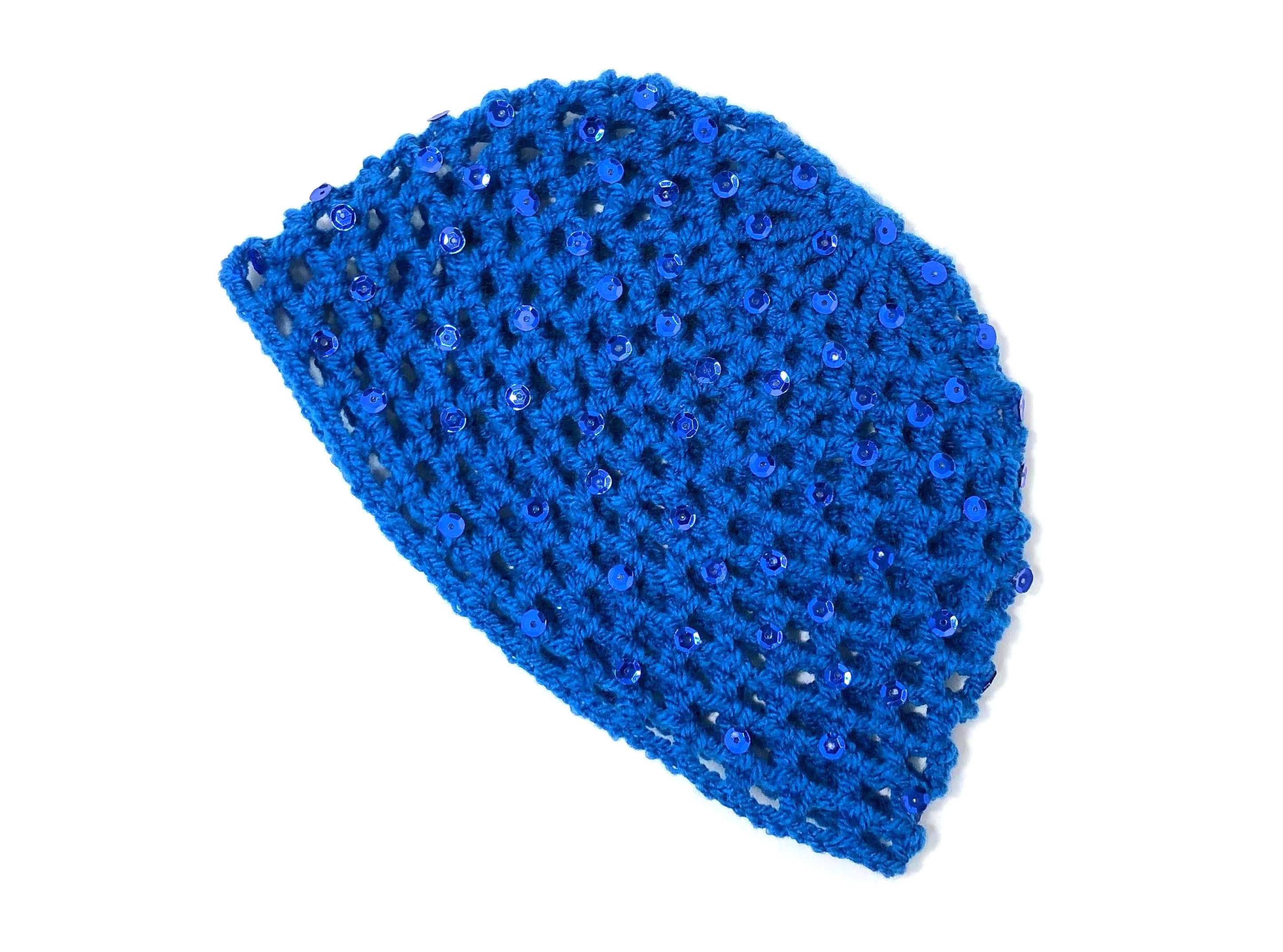 Hand-Crocheted Skull Cap Hat | Sequin Sparkle | Party Hat | ELECTRIC BLUE