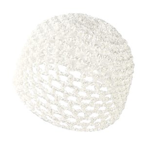 May include: White crocheted hair net for women. The net is made of a fine, delicate material and has a round shape.