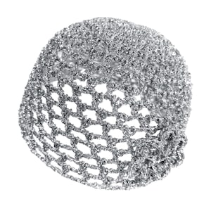 May include: A silver, net-like hair covering, possibly a wig cap or hair accessory. The cap is made of a metallic, woven material, and is set against a white background. The mesh design allows for breathability and flexibility.