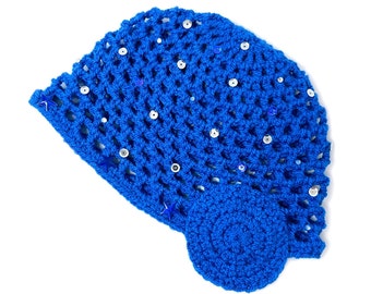 Handgehaakte Retro jaren '70 Skull Cap Hoed | Origineel Blauw |